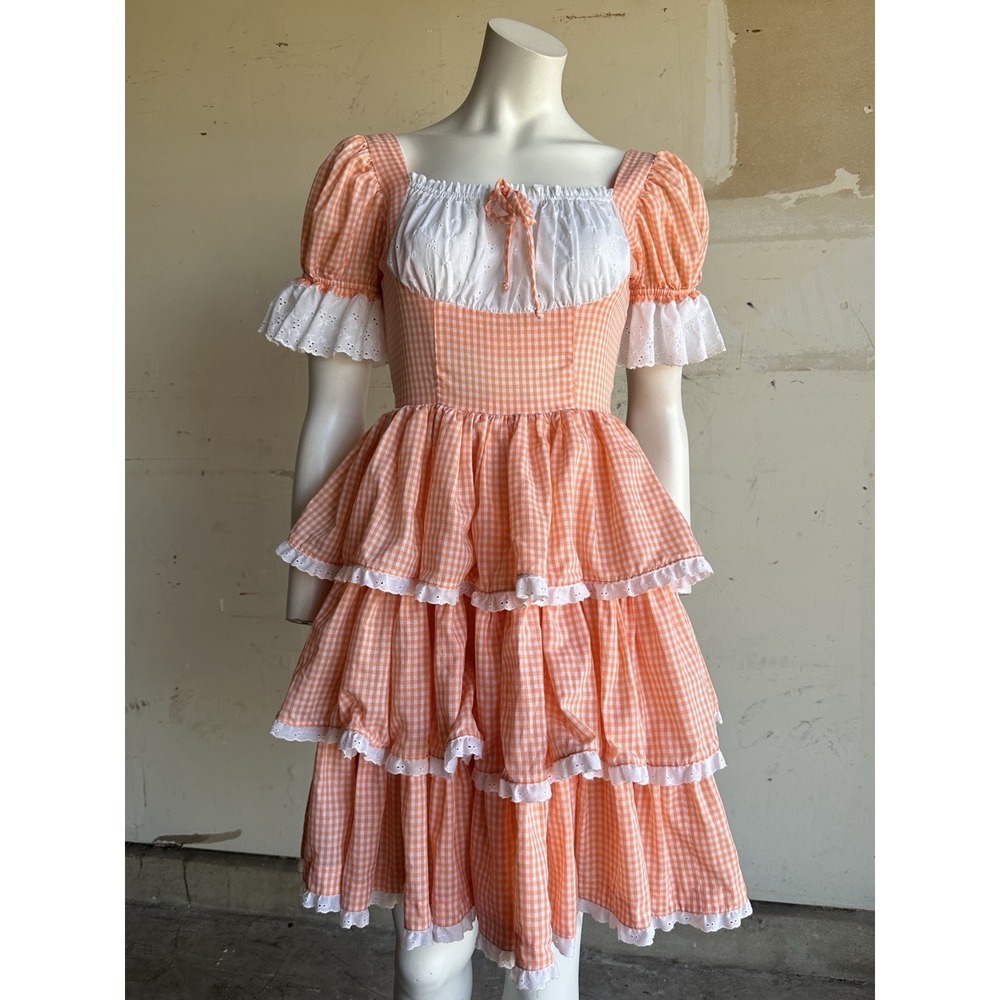 Vintage 60s 70s Gingham Tiered Eyelet Square Dancing Dress Milkmaid Style